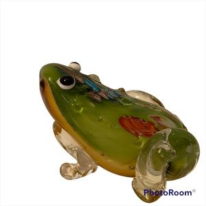 FROG FIGURE ART GLASS MURANO LIKE GREEN YELLOW CLEAR FUNKY HOME DECOR ACCENT